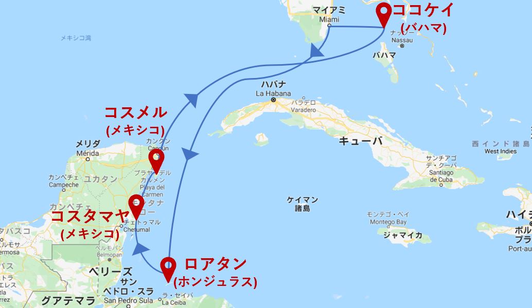 シンフォニーオブザシーズの西カリブ海クルーズの経路
